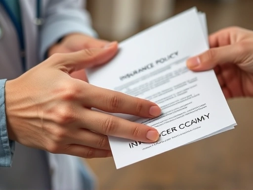 Close-up shot of hands exchanging documents, with 