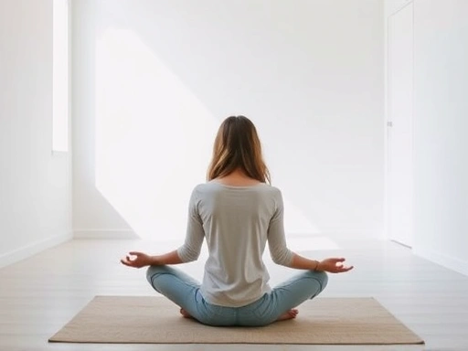 A person sitting peacefully in a bright, minimalist room, meditating or journaling, symbolizing mental recovery after plastic surgery. The atmosphere is calm and supportive, with soft lighting.