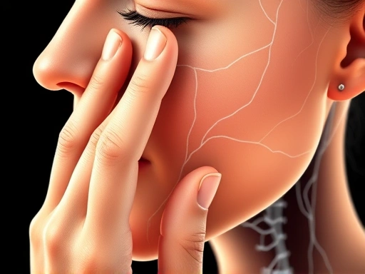 A detailed image illustrating a hand gently touching a face, symbolizing the recovery process after plastic surgery nerve damage, with faint lines indicating nerve pathways. Focus on gentle touch and implied healing. Keywords: nerve recovery, plastic surgery, healing, gentle touch, nerve pathways.