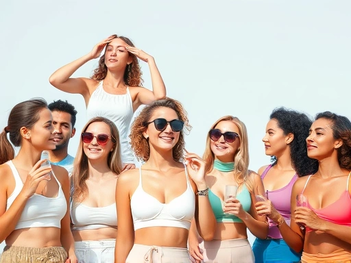 A diverse group of people engaging in various self-care activities like applying sunscreen, drinking water, and light exercise, symbolizing healthy post-plastic surgery lifestyle, with a bright and clean aesthetic, focusing on long-term maintenance after cosmetic procedures.