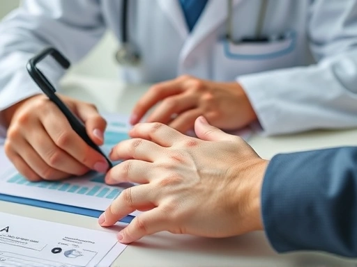 Close-up of a doctor's hands reviewing medical charts with a patient's hand on a table, emphasizing a detailed pre-operative consultation, trust, and professional guidance for surgery preparation.
