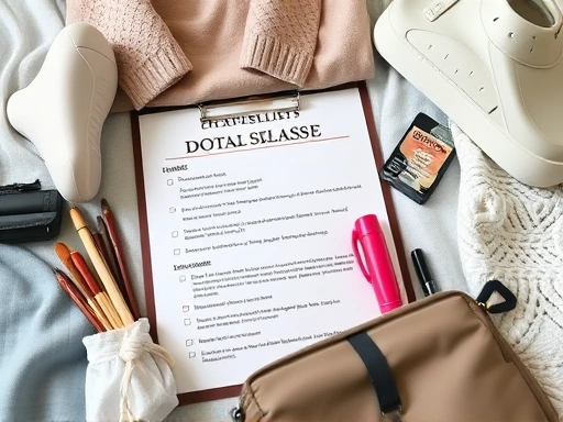 A close-up shot of a well-organized medical checklist with essential items and notes for post-plastic surgery recovery, including comfortable clothes and personal care items, highlighting preparedness.