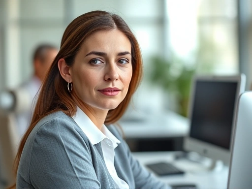A professional woman with a calm expression subtly resuming office work, with minimal visible signs of recent facial cosmetic surgery, perhaps wearing light makeup and comfortable, loose clothing in a modern, bright office setting. Focus on a smooth transition and confidence.