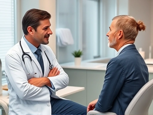 A person in thoughtful discussion with a doctor, consulting about plastic surgery revision, emphasizing trust and detailed communication in a professional clinic setting.