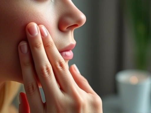 Close-up of a patient's hand gently touching their face, reflecting on past plastic surgery, with a blurred background of a serene, healing environment.