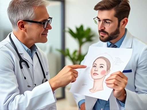 Close-up of a doctor and patient discussing plastic surgery plans, pointing to a realistic 3D facial diagram, emphasizing clear communication and mutual understanding in a modern consultation room.