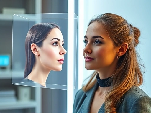 A confident woman looking at a realistic 3D holographic projection of her face after a simulated plastic surgery, in a modern, brightly lit consultation room, surrounded by advanced tech, focusing on plastic surgery simulation and future outcome prediction. High detail, realistic lighting.