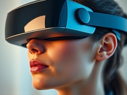 Close-up of a person wearing a sleek virtual reality headset, with a blurred background showing a detailed 3D rendering of a human face, emphasizing advanced plastic surgery simulation and interactive outcome prediction technology. Focus on the headset and virtual image detail.