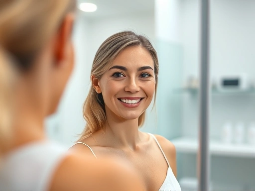 A person looking confidently in a mirror after a successful plastic surgery, reflecting happiness and natural results, soft lighting and a blurred clinic background, professional photography style.
