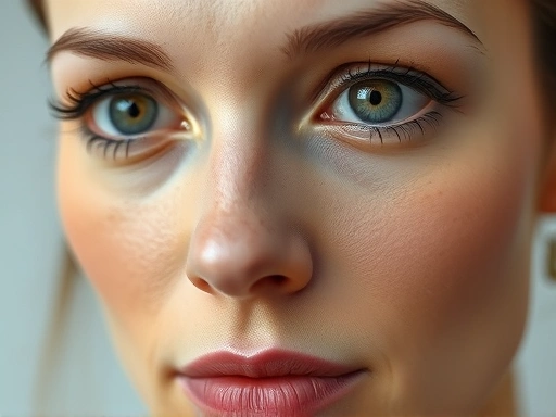 A close-up of a person's face after plastic surgery, subtly showing slight asymmetry around the eyes and nose, with a thoughtful expression. Focus on realistic details and soft lighting, emphasizing the topic of plastic surgery asymmetry.