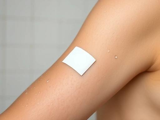 A close-up of a person's arm with a small, discreet waterproof bandage, emphasizing careful post-surgical wound protection during a shower, with gentle water droplets.