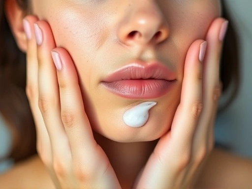 Close-up of hands gently patting a hydrating serum onto a well-moisturized face, with a focus on ingredients like ceramides and hyaluronic acid, highlighting soothing skincare after surgery for effective recovery.