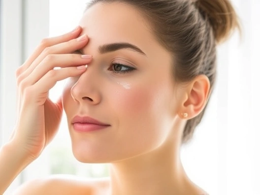 A person applying sunscreen on their face near a window, with a surgical scar barely visible, symbolizing prevention of post-surgery hyperpigmentation. Bright, natural light. Focus on sun protection and healing.