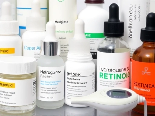 Close-up of a diverse range of topical creams and serums, including bottles labeled 'Hydroquinone', 'Retinoid', and a small laser device, representing various treatment options for hyperpigmentation after plastic surgery. Clean, professional setting.