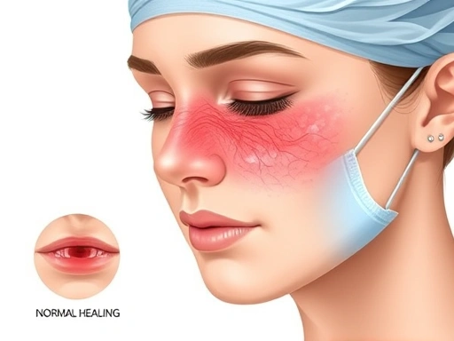 A detailed medical illustration of post-plastic surgery facial swelling and redness, with a calm, reassuring background, focusing on the distinction between normal healing and infection, using soft natural light.