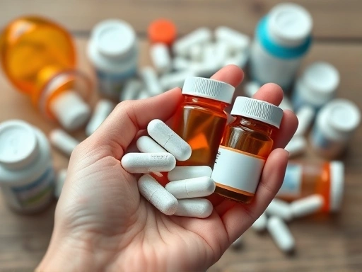Close-up of a hand holding various pill bottles with a blurred background of surgical recovery items, emphasizing medication management and caution after plastic surgery.