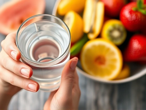 Close-up shot of hands holding a glass of water next to a bowl of fresh fruit, emphasizing hydration and natural vitamins for post-surgery healing. Focus on the textures of the fruit and the clear water.