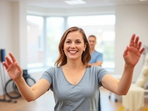 A confident person doing gentle rehabilitation exercises in a bright, modern physical therapy clinic, with a focus on safe and effective recovery after plastic surgery. The scene includes light gym equipment and a supportive physical therapist in the background.