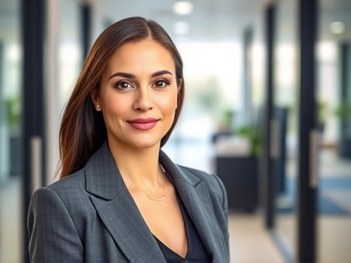 A person confidently returning to an office environment after plastic surgery, looking poised and professional, with a subtle smile. The scene is bright and optimistic, showcasing resilience.