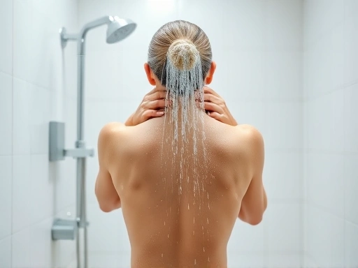A clean, brightly lit bathroom, with a person's back visible, gently showering and avoiding a specific area, indicating post-plastic surgery care and healing. Focus on hygiene and caution.