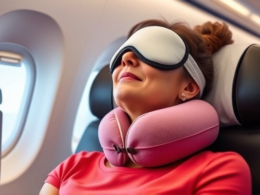 A woman relaxing comfortably with a neck pillow and eye mask on an airplane, indicating safe travel after plastic surgery, with soft lighting and a focus on tranquility.