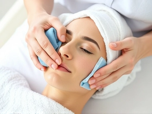 A person gently applying a cold compress wrapped in a soft towel to a post-surgery facial area, demonstrating careful application with focus on reducing swelling and discomfort.