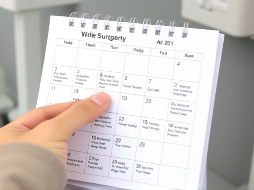 A close-up of a person's hand holding a calendar, marking dates for exercise and daily activities after a surgery, emphasizing careful planning and recovery. The scene is calm and focused on details.