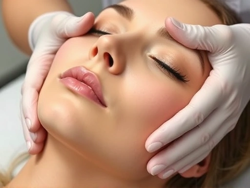 Close-up of a professional therapist's hands gently performing lymphatic massage on a patient's face, highlighting the meticulous care and specialized techniques involved in plastic surgery aftercare, with soothing lighting.