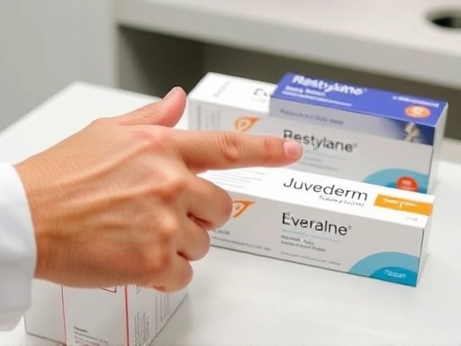 A close-up shot of a dermatologist's hand pointing to different types of premium hyaluronic acid filler boxes (like Restylane, Juvederm, Elravie Premier) on a sterile table, emphasizing product details and quality for informed choices.