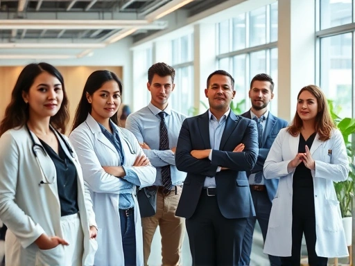 A diverse group of professionals (doctors, marketers, artists) in a bright, modern office setting, some subtly showing signs of confidence and professional appearance, others focused on work, emphasizing career growth and a positive professional environment.