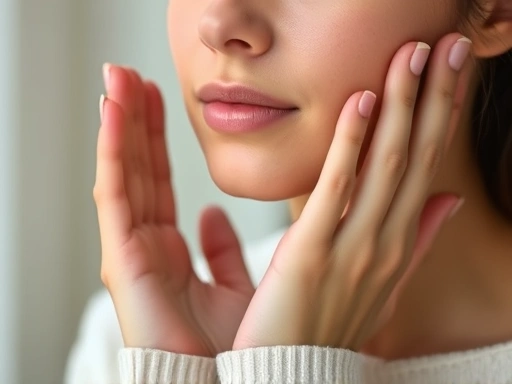 Close-up of a woman's hands gently touching her face, symbolizing self-acceptance and healing, with a soft, blurred background emphasizing emotional well-being after cosmetic procedure.