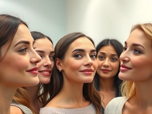 Close-up of a diverse group of individuals examining their tightened and lifted skin in a well-lit, professional aesthetic clinic setting, emphasizing natural results and satisfaction.