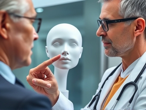 A close-up shot of a patient consulting with a professional plastic surgeon, pointing to an area on a 3D model of a face, discussing specific concerns for revision surgery, emphasizing clear communication and expert advice in a focused, empathetic setting.