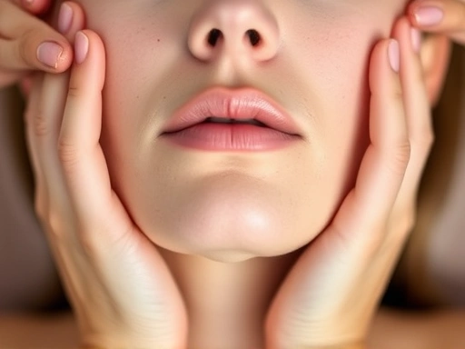 Close-up of hands demonstrating gentle manual lymphatic drainage (MLD) on a person's face after facial plastic surgery, highlighting the delicate technique for reducing swelling and bruising. The hands are clean and professional, focusing on the specific massage movements.