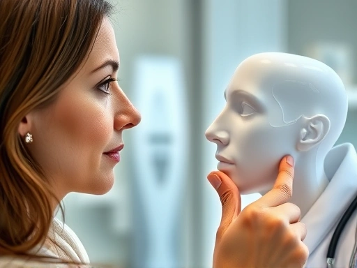 A detailed close-up shot of a patient consulting with a plastic surgeon, pointing to a 3D model of a nose, discussing revision rhinoplasty causes and solutions in a modern clinic setting.