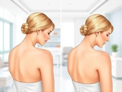 A professional illustration comparing two distinct methods for improving shoulder lines: one side shows surgical contouring with precise lines, the other shows a subtle, elegant result from botox, in a bright, clean clinic setting with a clear focus on the shoulder area. SEO: shoulder contouring, botox effects.