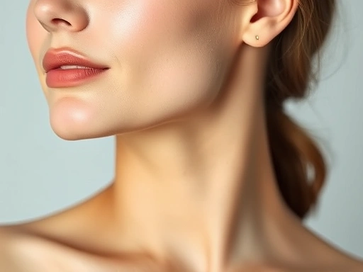 A close-up shot of a serene female model's neck and shoulder area, highlighting the smooth, relaxed trapezius muscle after a successful cosmetic procedure, with soft lighting and an emphasis on the elegant line. SEO: trapezius botox, neck line.