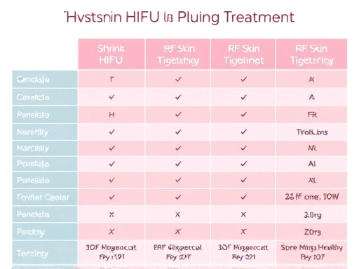 A detailed comparison chart visually representing the differences between Shrink HIFU and various RF skin tightening treatments, with a focus on a serene, healthy skin texture and modern aesthetic.