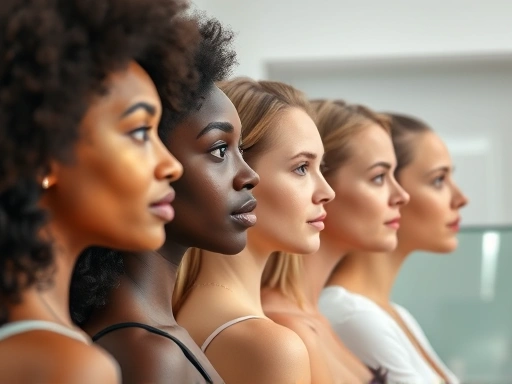 A diverse group of people subtly showing improved side profiles, showcasing balanced facial features, modern aesthetic clinic setting in the background, professional and clean style.