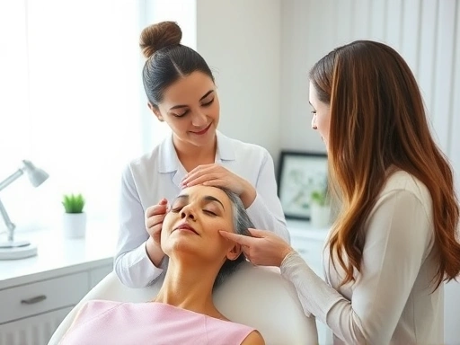 A professional aesthetician carefully explaining the sil-lifting procedure to a client in a modern clinic setting, emphasizing facial rejuvenation and natural results. The scene is brightly lit and comforting.