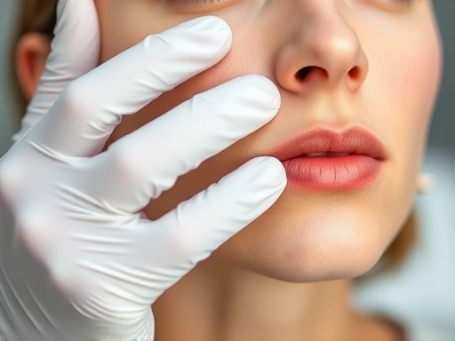 Close-up of a doctor's gloved hands demonstrating the subtle lifting effect of a PDO thread on a facial model, focusing on skin elasticity and natural contours.