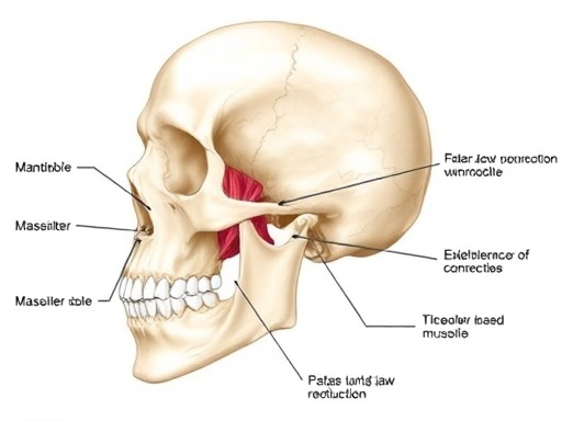 A detailed, clear illustration of the human skull, specifically focusing on the mandible and masseter muscles, highlighting areas relevant to square jaw reduction surgery, in a neutral, informative style.