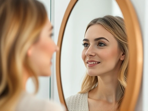 A serene and hopeful patient looking at their reflection in a mirror, showing a subtle yet significant improvement after successful revision rhinoplasty, with a soft, natural glow.