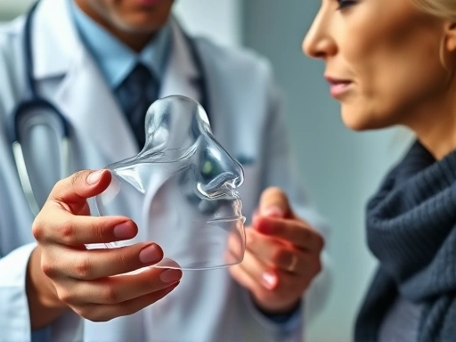 A close-up image of a plastic surgeon consulting with a patient, discussing nose surgery options with a transparent, clear model of a human nose, professional, empathetic. 