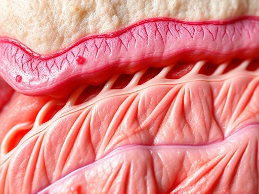 A close-up, highly detailed image of skin tissue undergoing repair and healing after surgery, illustrating cellular activity and collagen remodeling for surgical contracture. Focus on the microscopic level.