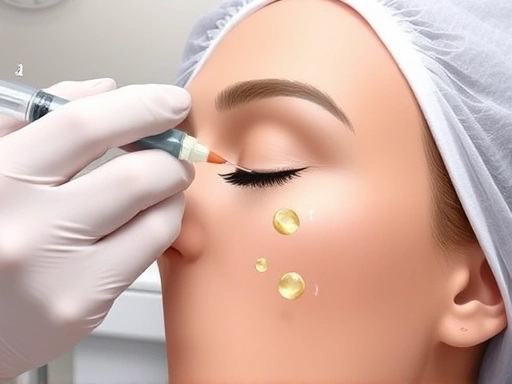 A detailed illustration of a temporal fat grafting procedure, showing a surgeon carefully injecting purified fat into the temple area for volume improvement, with subtle, natural results. Medical setting, soft lighting.