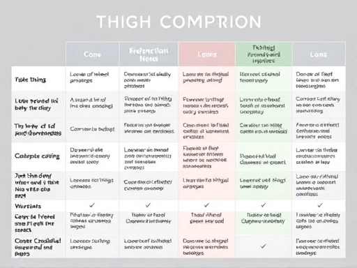 A detailed comparison chart showing various thigh sculpting and lower body improvement methods, with pros and cons, set against a clean, modern aesthetic.