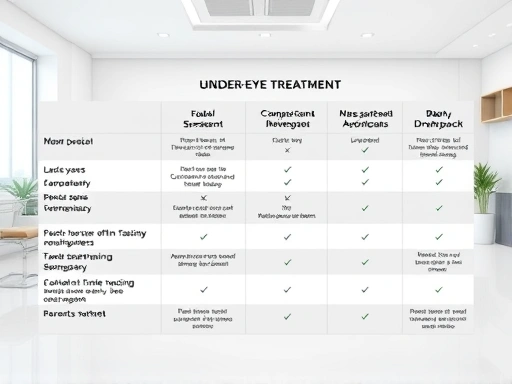 A detailed comparison chart showing various under-eye treatment methods, including surgical and non-surgical options, with benefits and drawbacks, set in a modern, clean clinic environment.