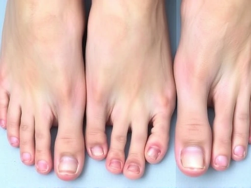 Close-up medical image of different foot conditions requiring toe correction, such as bunions, hammer toes, and crooked toes, showing specific areas of deformity clearly.