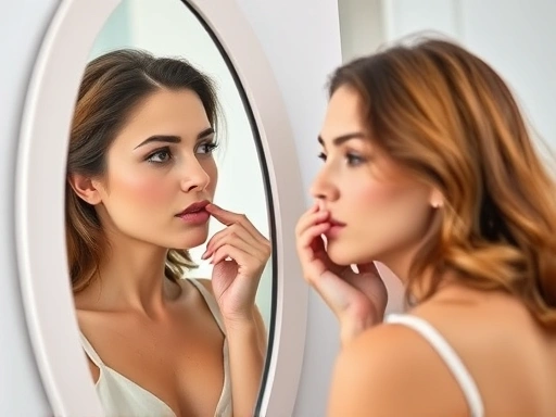 A woman thoughtfully looking at her reflection in a mirror, showing mixed emotions, with subtle lines suggesting inner contemplation, reflecting on her appearance before deciding on plastic surgery, focusing on self-esteem keywords.